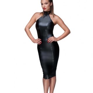 Rochie Midi Wetlook cu Fermoar si Guler Inalt cu Inel Cromat