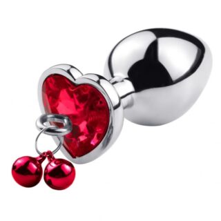 Dop Anal Small Heart Shape cu Clopotei Ring My Bells, Metal, Argintiu/Rosu, 7 cm