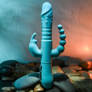 Vibrator Thrusting Triple Joy Rabbit, 10+3 Moduri Stimulatoare, Silicon, USB, Albastru, 25.4 cm