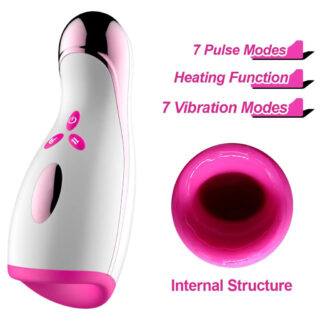 Masturbator cu Incalzire, 7 Moduri Vibratii, 7 Moduri Pulsatii, USB, Alb/Roz, 20 cm