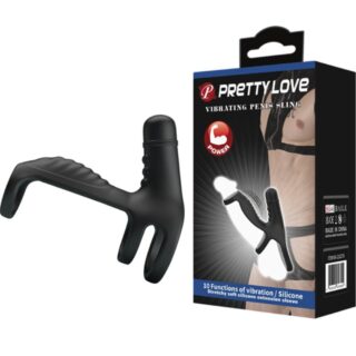 Double Penis Sling Ring, 10 Vibration Modes, Silicone, Black